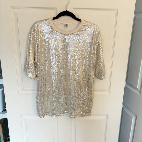 Amazon Tops - Amazon Cream Sequin Tee Size Small